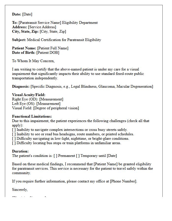Visual Impairment Paratransit Service Medical Certification Letter