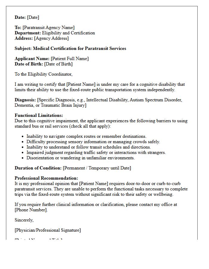 Cognitive Disability Paratransit Service Medical Certification Letter