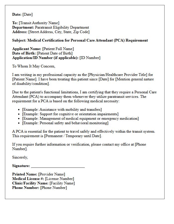 Personal Care Attendant Requirement Paratransit Medical Certification Letter