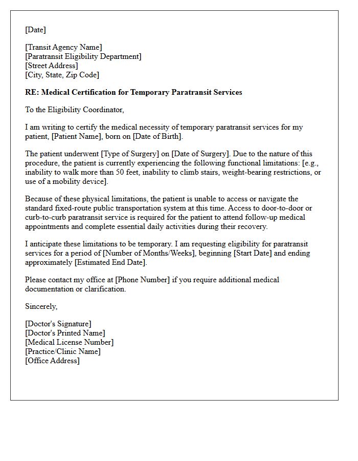 Post-Surgical Temporary Paratransit Service Medical Certification Letter