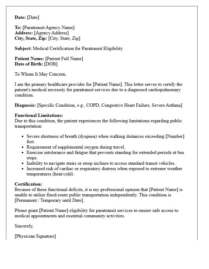 Cardiopulmonary Condition Paratransit Service Medical Certification Letter