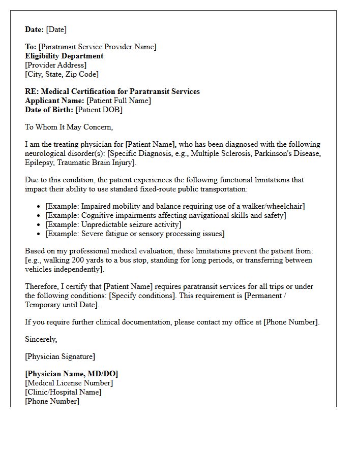Neurological Disorder Paratransit Service Medical Certification Letter