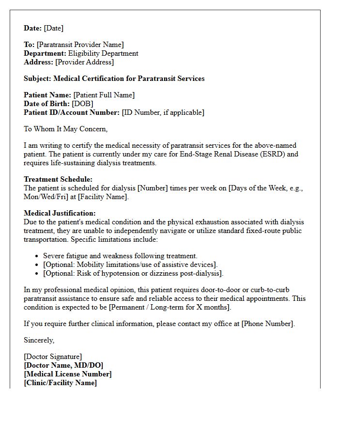 Dialysis Treatment Transportation Paratransit Medical Certification Letter