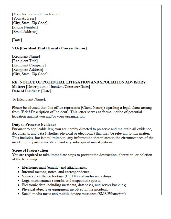 Notice of Potential Litigation and Spoliation Advisory Letter