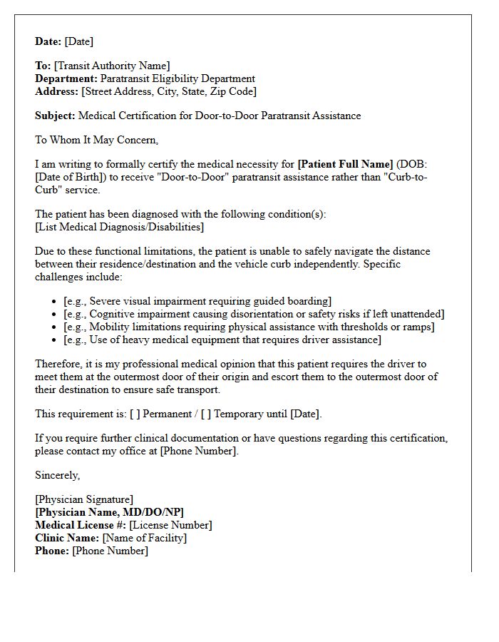 Door-to-Door Assistance Paratransit Service Medical Certification Letter