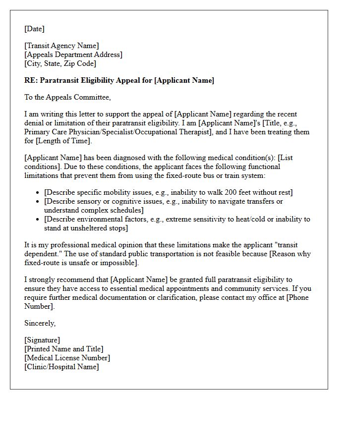 Paratransit Service Medical Certification Appeal Support Letter