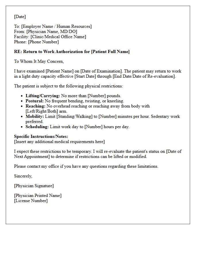 Primary Care Return to Work with Light Duty Restrictions Letter