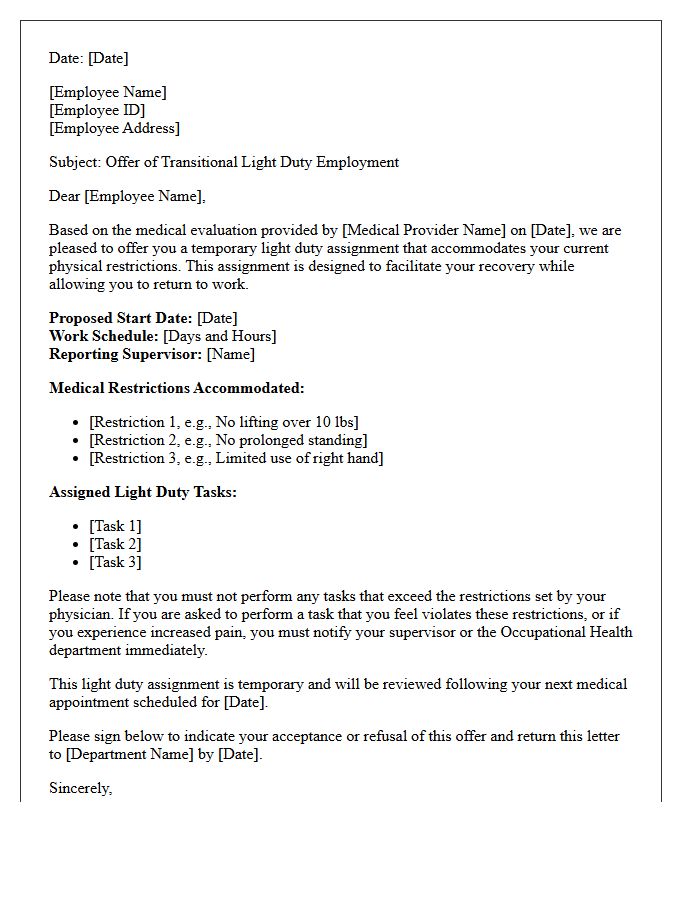 Occupational Health Return to Work with Light Duty Restrictions Letter