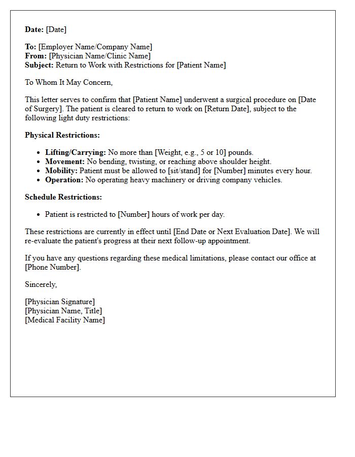 Post-Operative Return to Work with Light Duty Restrictions Letter