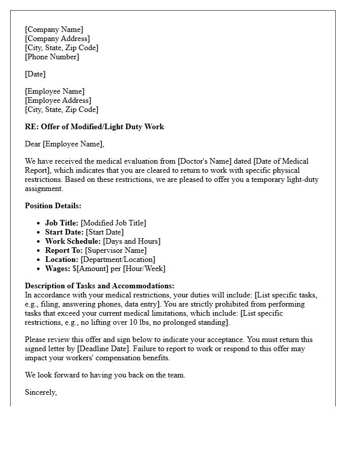 Workers Compensation Return to Work with Light Duty Restrictions Letter