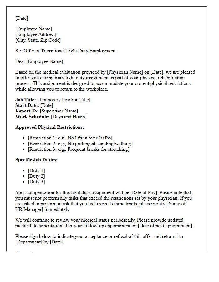 Physical Rehabilitation Return to Work with Light Duty Restrictions Letter