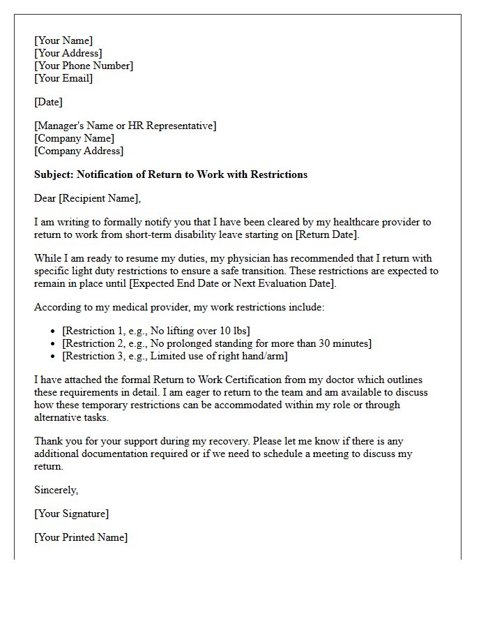 Short-Term Disability Return to Work with Light Duty Restrictions Letter