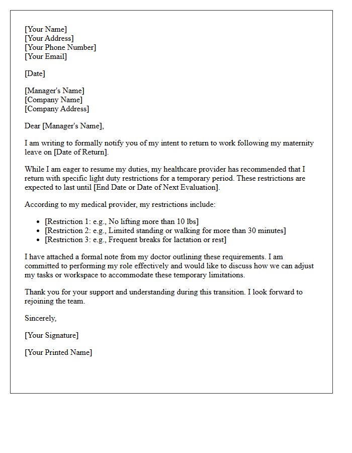 Maternity Leave Return to Work with Light Duty Restrictions Letter