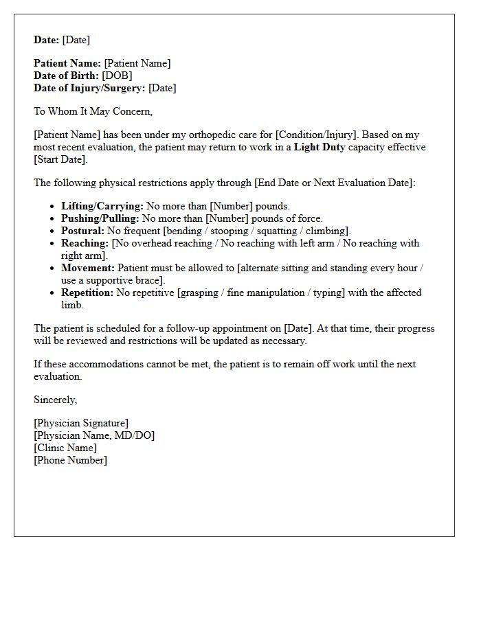 Orthopedic Clinic Return to Work with Light Duty Restrictions Letter