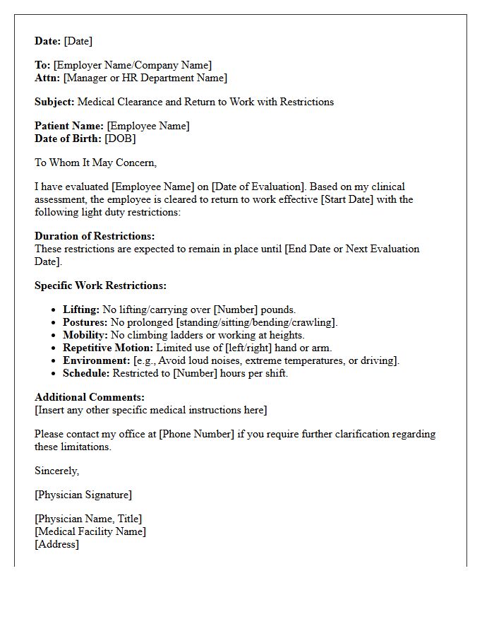 Medical Clearance Return to Work with Light Duty Restrictions Letter