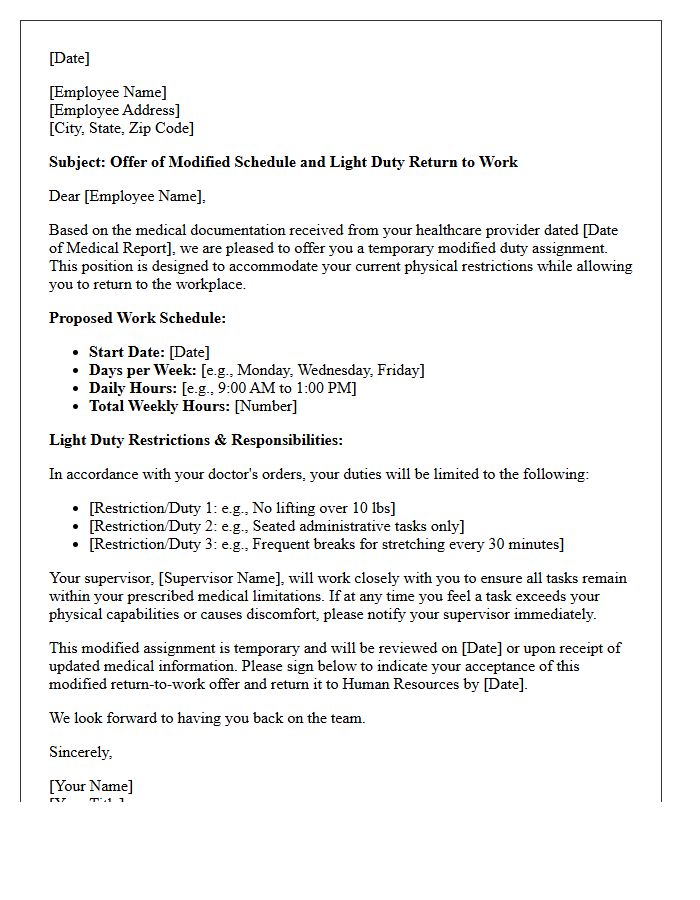 Modified Schedule Return to Work with Light Duty Restrictions Letter
