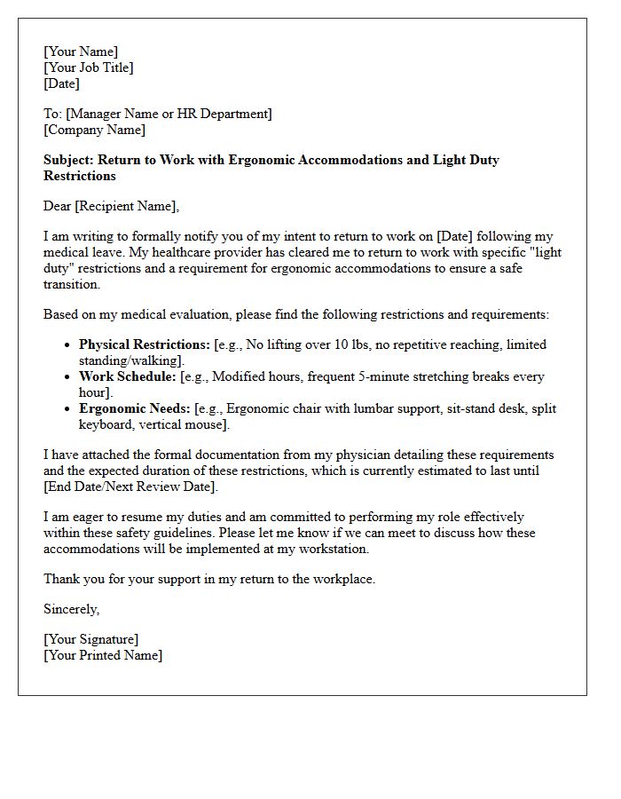 Ergonomic Accommodation Return to Work with Light Duty Restrictions Letter