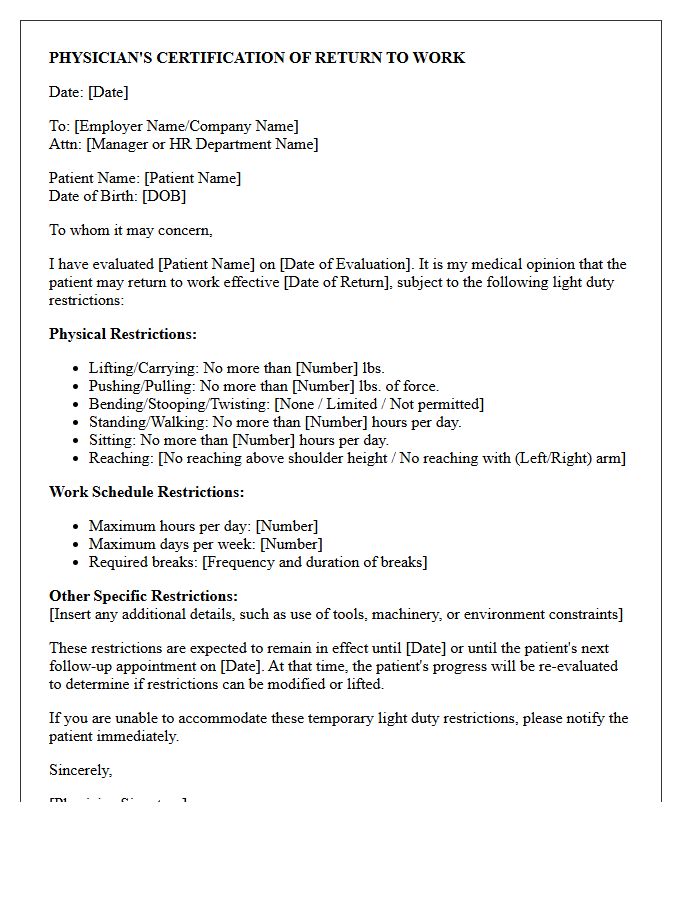 Physician Certified Return to Work with Light Duty Restrictions Letter