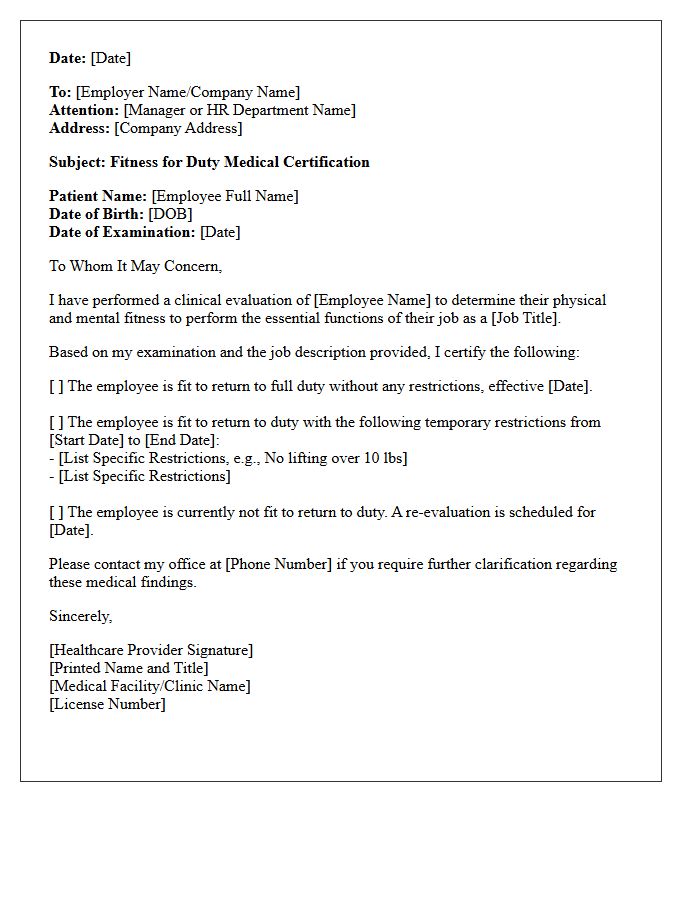 Standard Fitness for Duty Medical Certification Letter