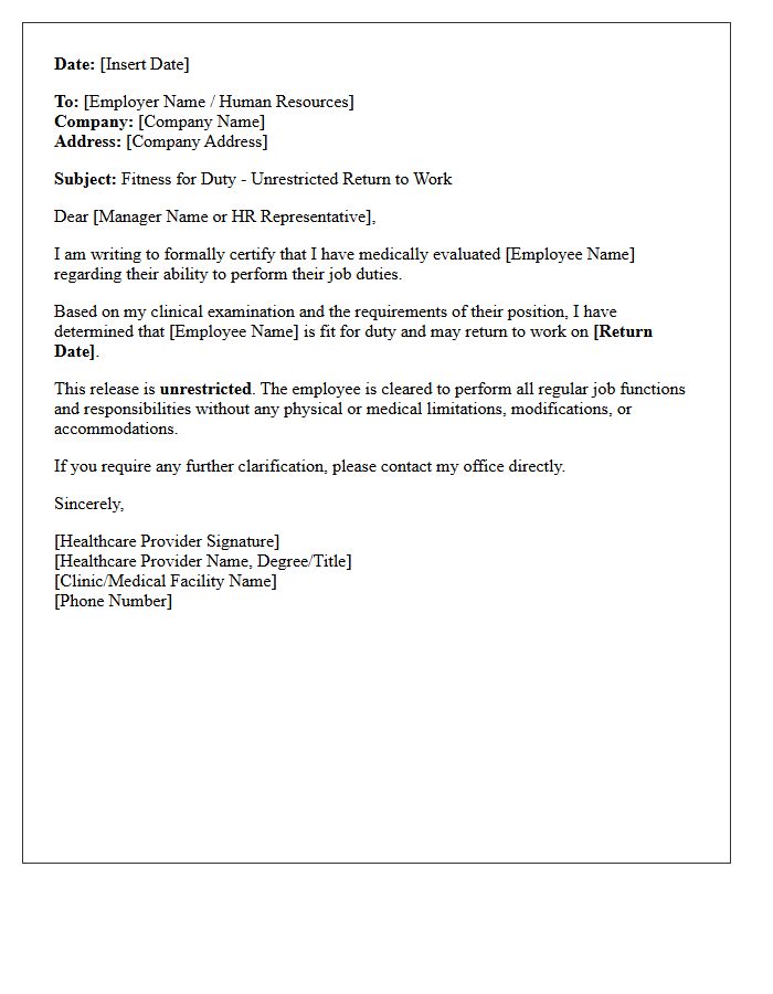 Unrestricted Return to Work Fitness for Duty Letter