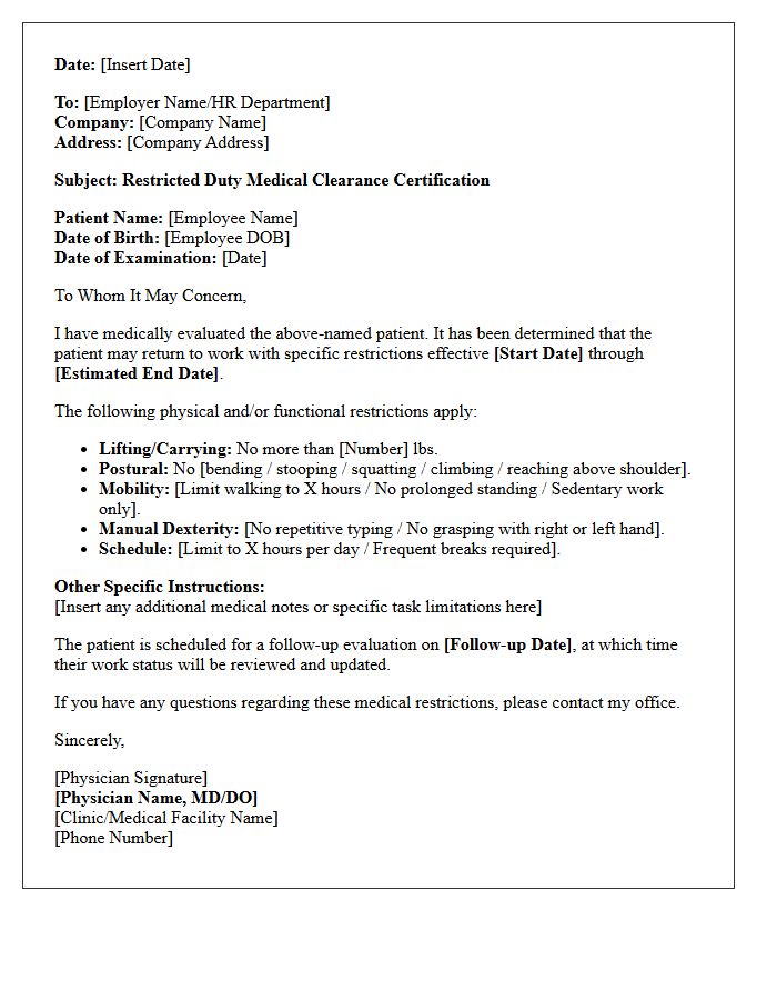 Restricted Duty Medical Clearance Certification Letter