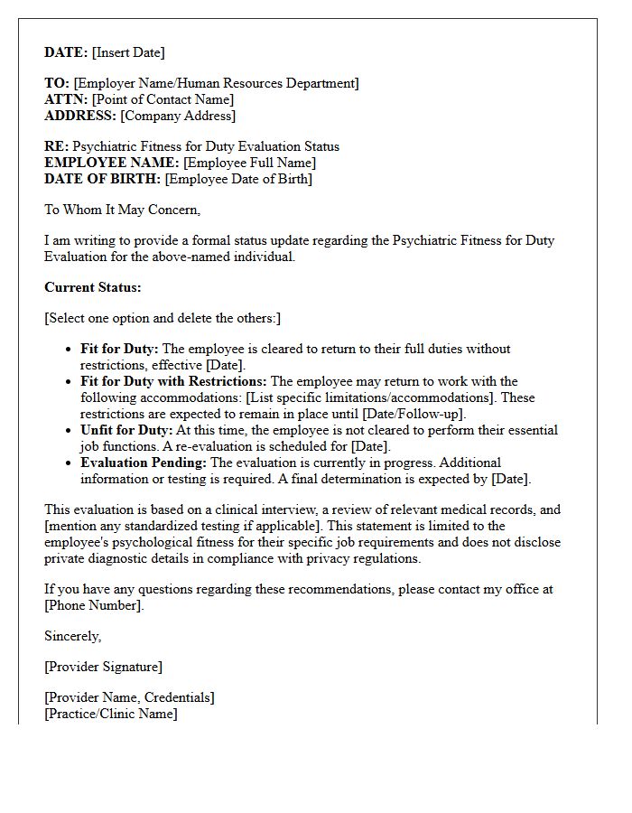 Psychiatric Fitness for Duty Evaluation Status Letter