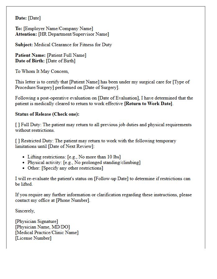 Post-Surgical Fitness for Duty Medical Release Letter