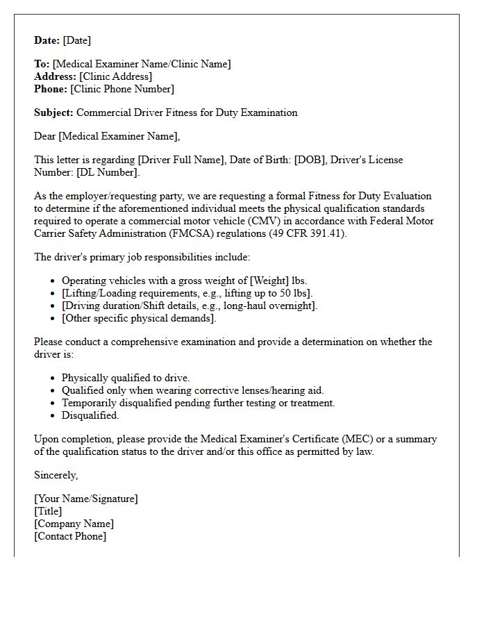 Commercial Driver Fitness for Duty Examination Letter