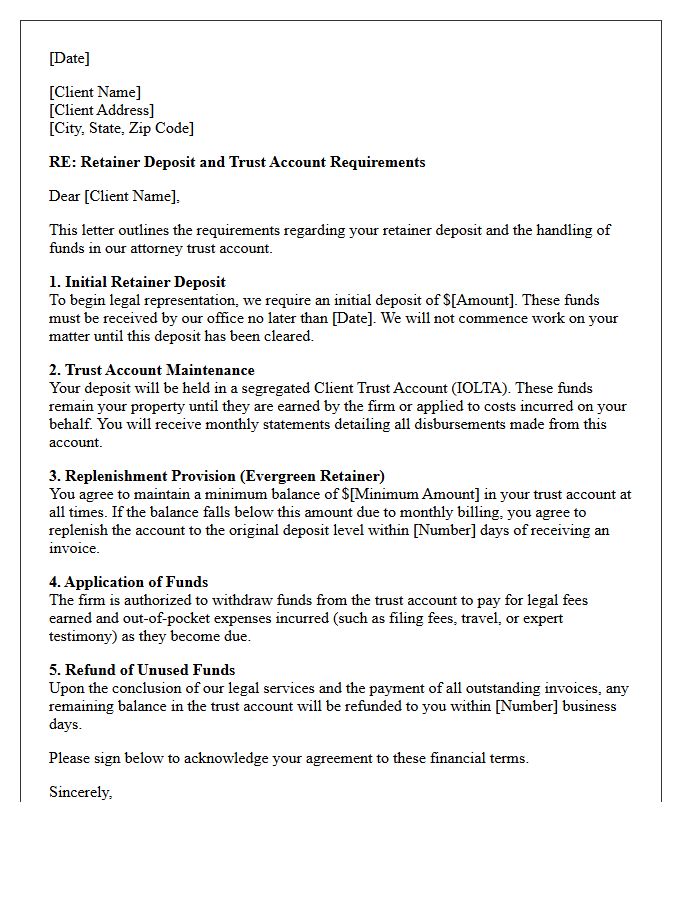 Retainer Deposit and Trust Account Letter Provisions
