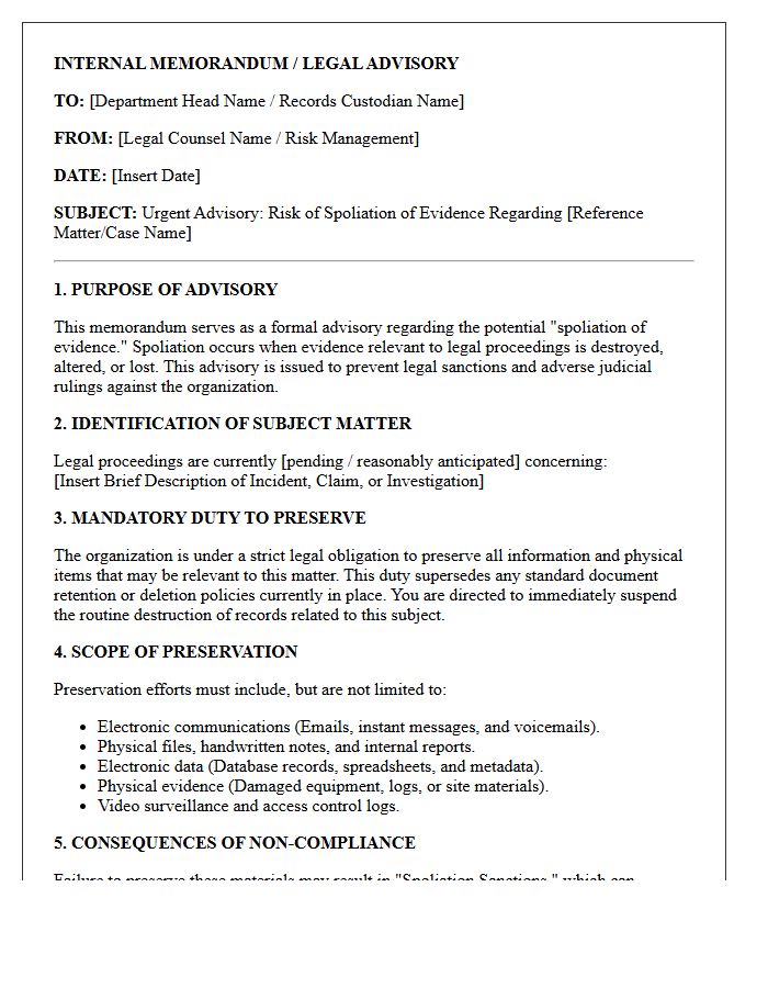 Internal Spoliation of Evidence Risk Advisory Letter