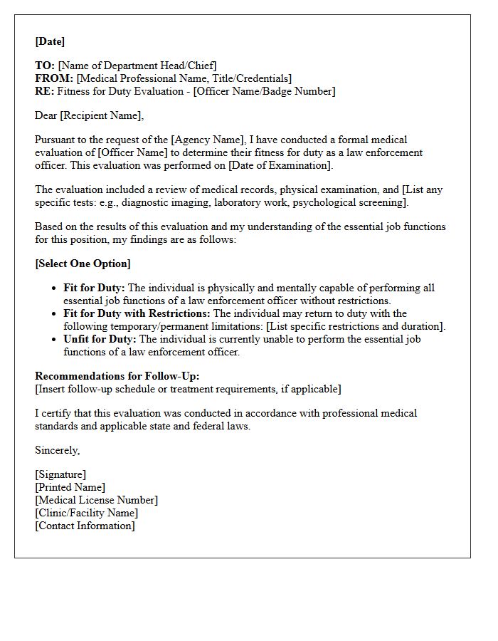 Law Enforcement Fitness for Duty Medical Evaluation Letter