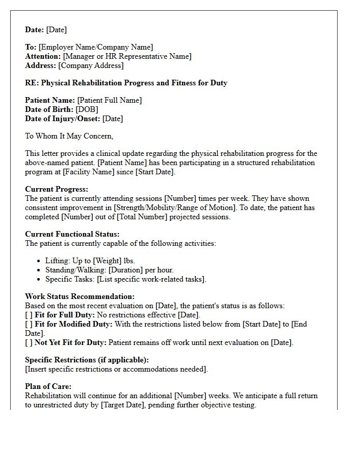 Physical Rehabilitation Fitness for Duty Progress Letter
