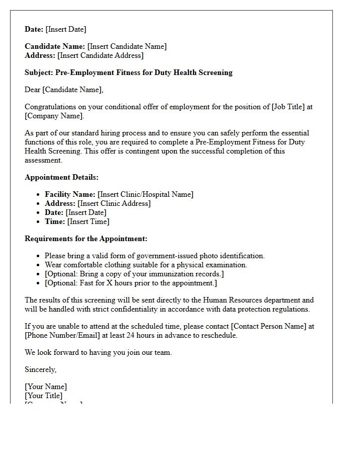 Pre-Employment Fitness for Duty Health Screening Letter