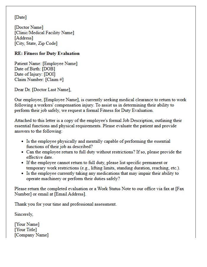 Workers Compensation Fitness for Duty Evaluation Letter