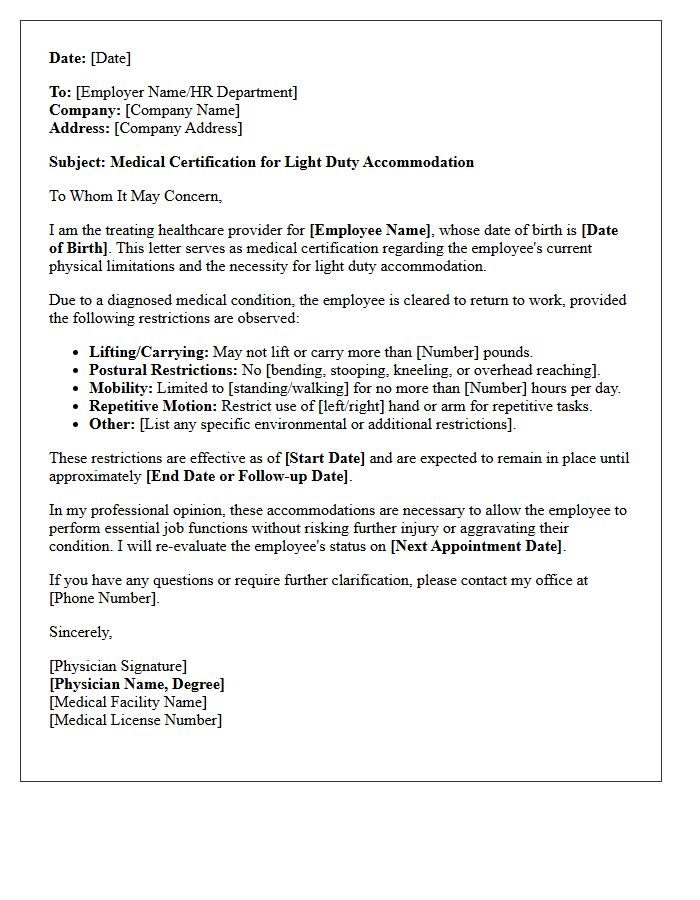 Light Duty Accommodation Medical Certification Letter