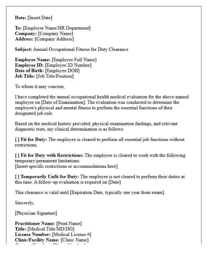 Annual Occupational Fitness for Duty Clearance Letter