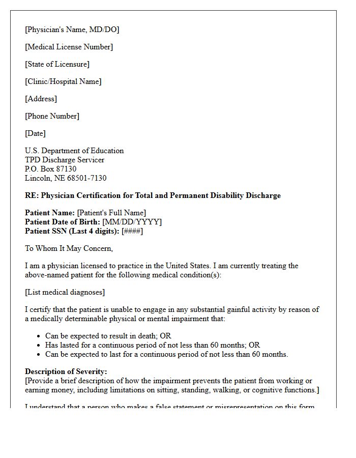 Physician Certification Letter for Total and Permanent Disability Student Loan Discharge