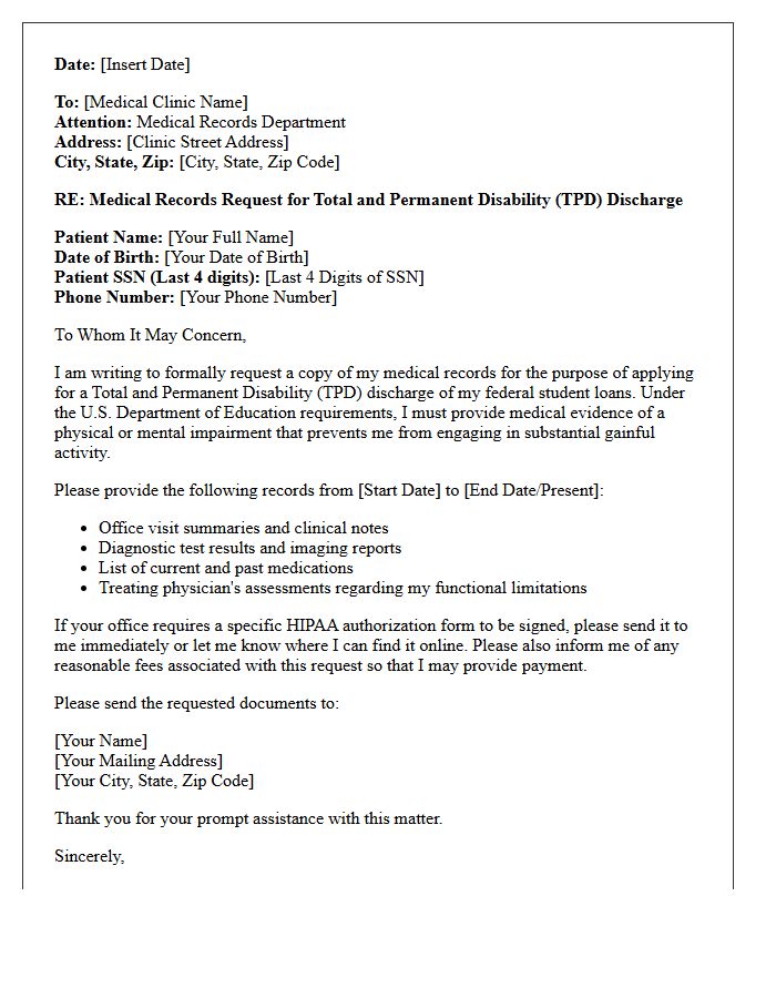 Medical Clinic Records Request Letter for Student Loan Disability Discharge
