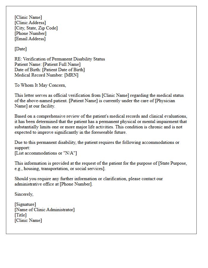 Clinic Administrator Verification Letter for Patient Permanent Disability Status