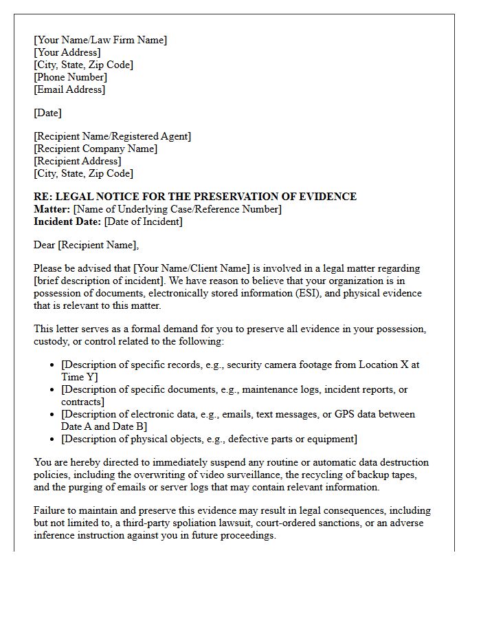 Third-Party Spoliation and Evidence Preservation Letter