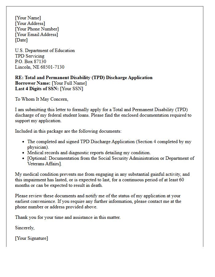 Medical Documentation Cover Letter for Student Loan TPD Discharge Application