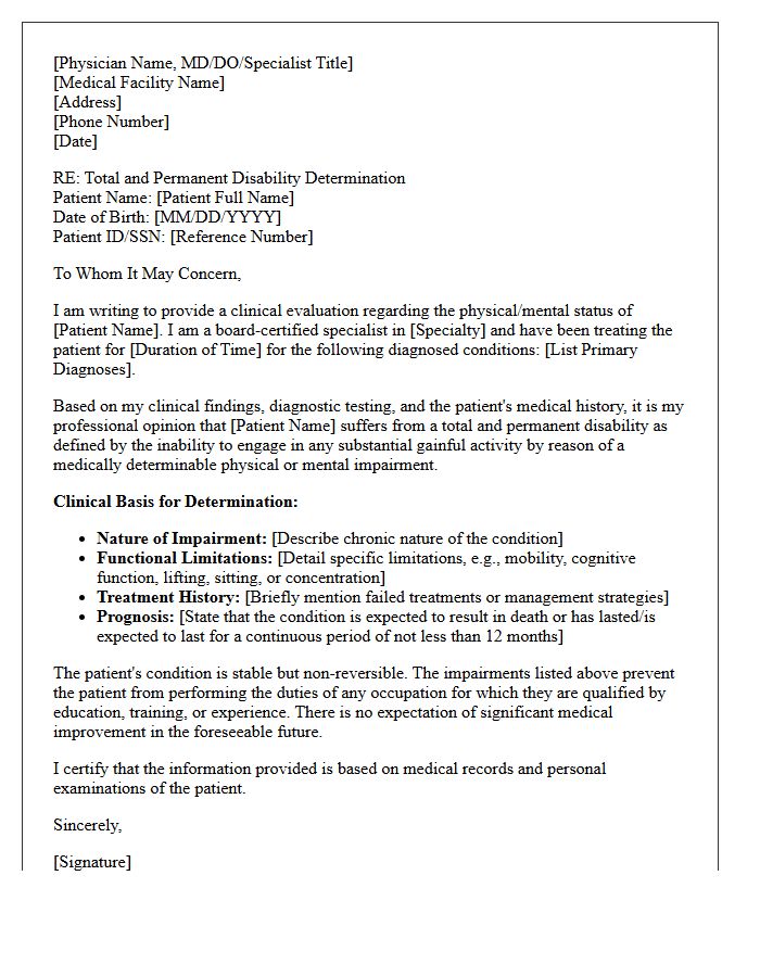 Specialist Evaluation Letter for Total and Permanent Disability Determination