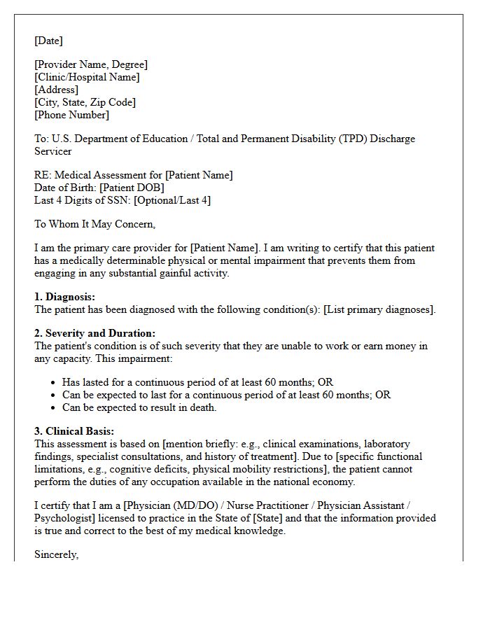 Primary Care Provider Assessment Letter for Educational Loan Disability Discharge
