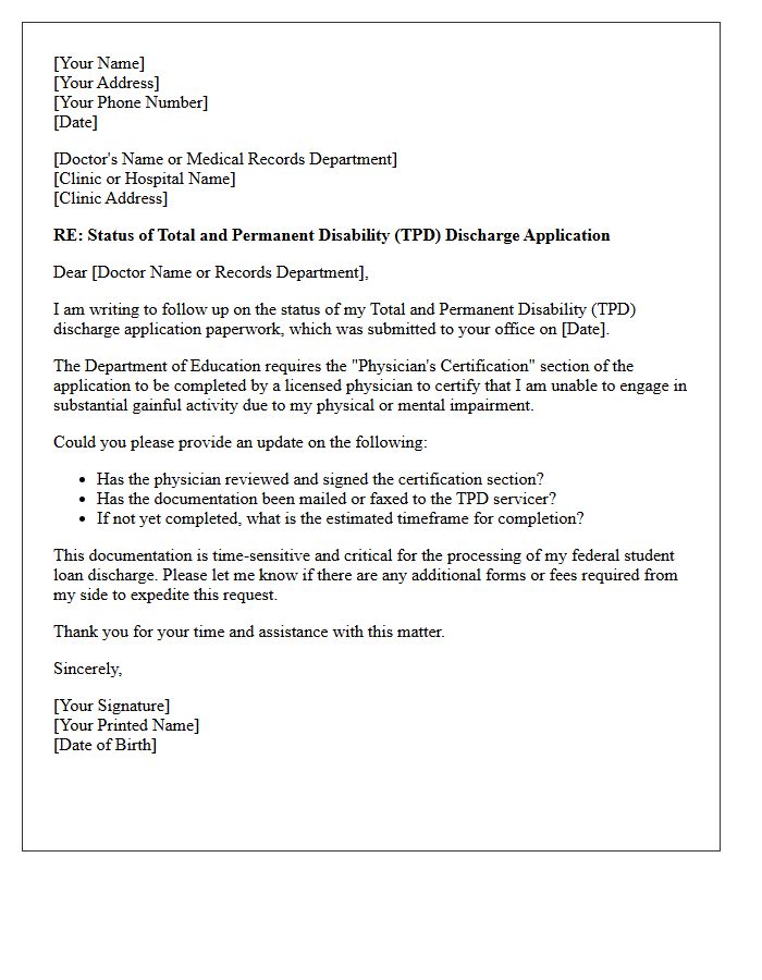 Medical Clinic Follow-Up Letter for Disability Discharge Application Status