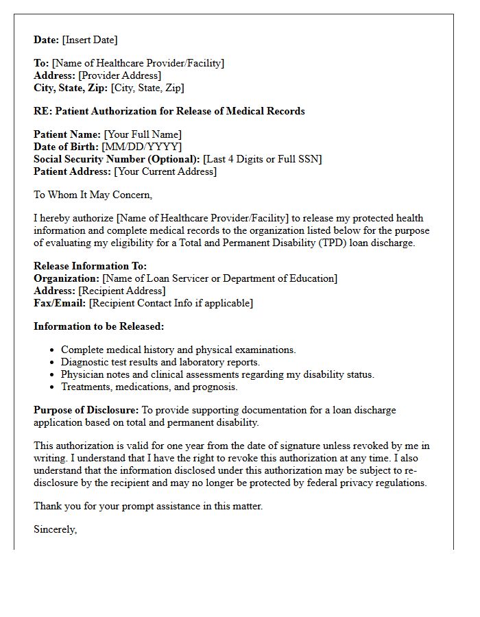 Patient Authorization Letter for Release of Medical Records for Loan Discharge