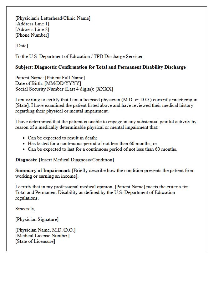 Diagnostic Confirmation Letter for Total and Permanent Disability Student Loan Relief