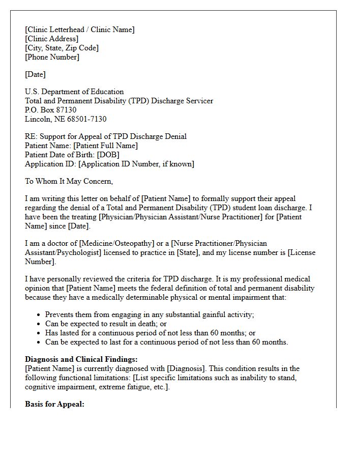 Medical Clinic Appeal Support Letter for Denied TPD Student Loan Discharge