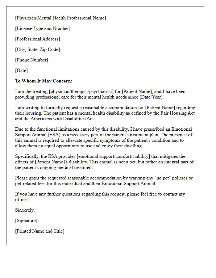 Emotional Support Animal Reasonable Accommodation Medical Letter