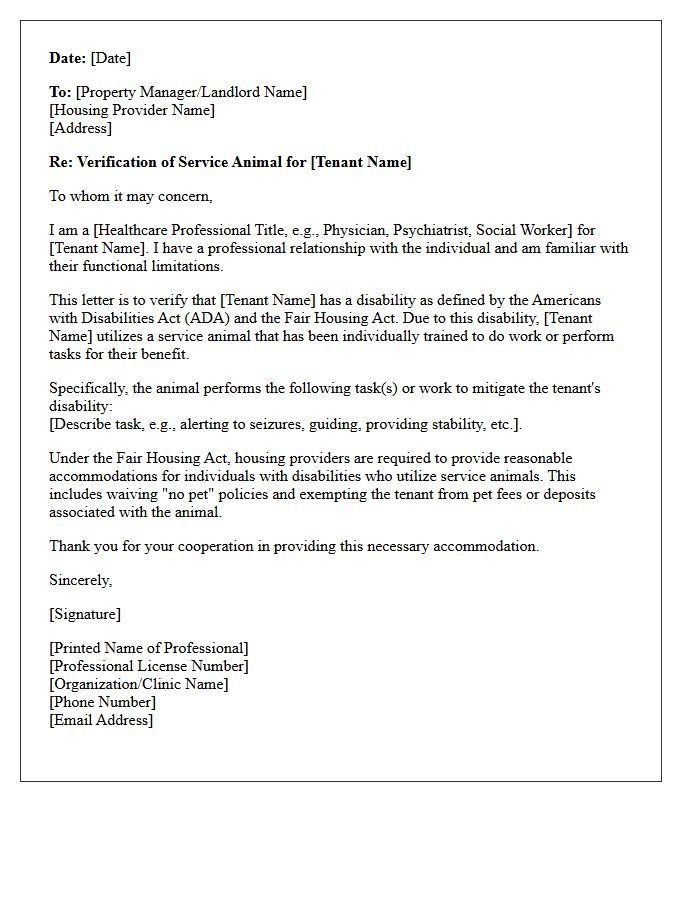 Service Animal Housing Accommodation Verification Letter