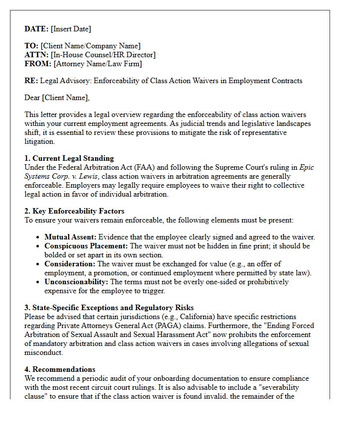 Employment Contract Class Action Waiver Enforceability Advisory Letter